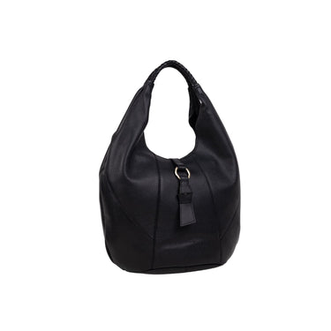 Immagine frontale Borsa colore Nero con manici intrecci e accessorio oro sul davanti.