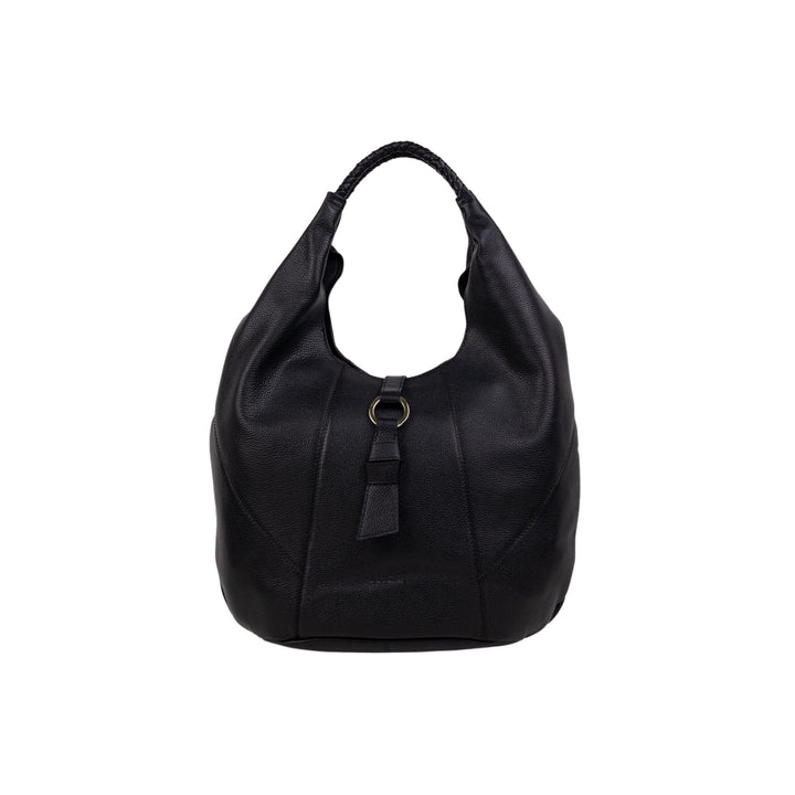 Immagine frontale Borsa colore Nero con manici intrecci e accessorio oro sul davanti. 