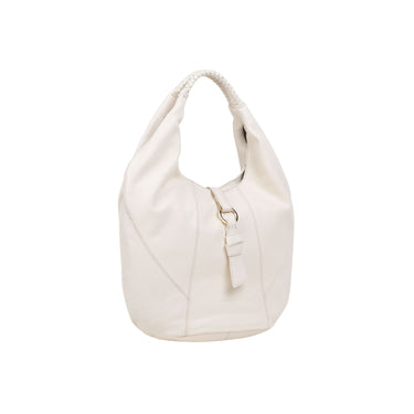 Immagine frontale Borsa colore Bianco con manici intrecci e accessorio oro sul davanti.