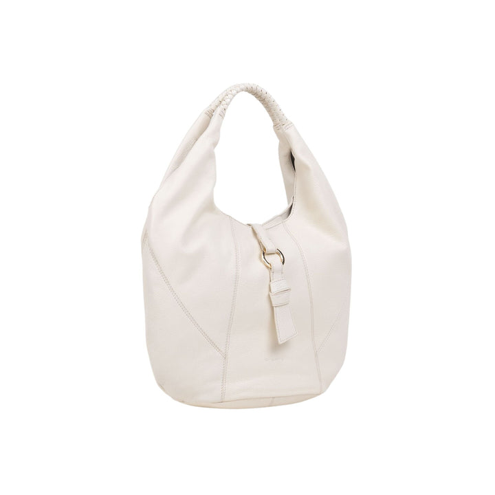 Immagine frontale Borsa colore Bianco con manici intrecci e accessorio oro sul davanti.