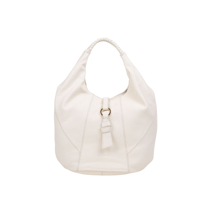 Immagine frontale Borsa colore Bianco con manici intrecci e accessorio oro sul davanti.