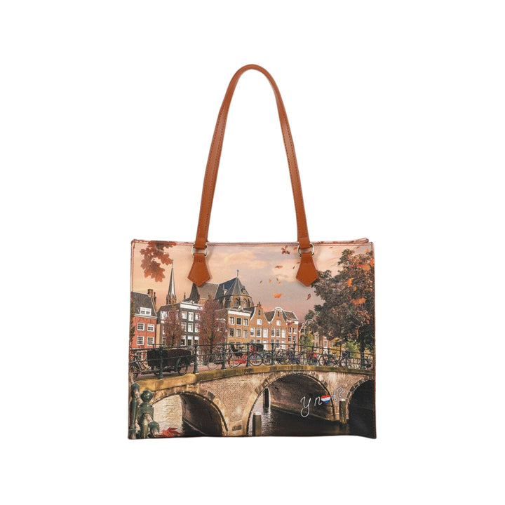 Borsa a spalla con doppi manici e stampa Autumn River