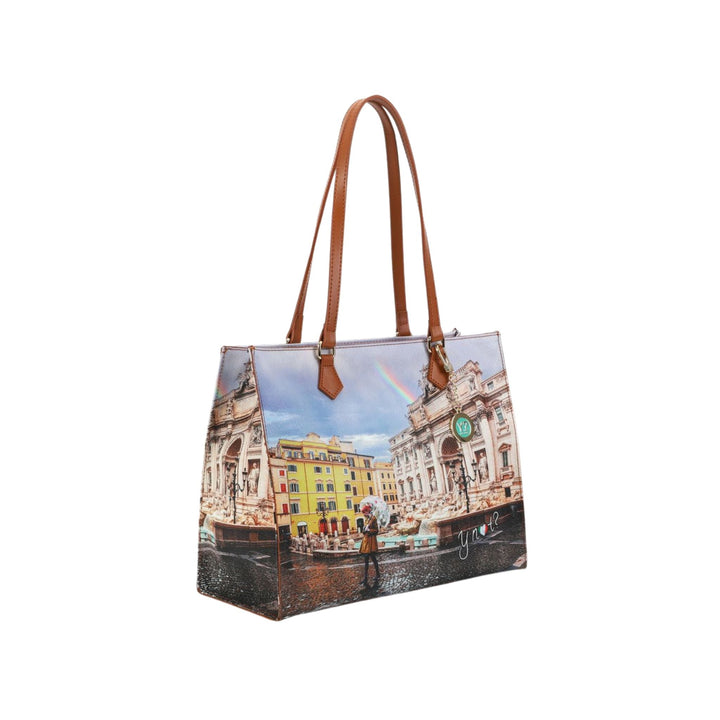 Borsa a spalla con doppi manici e stampa Rainbow Rome