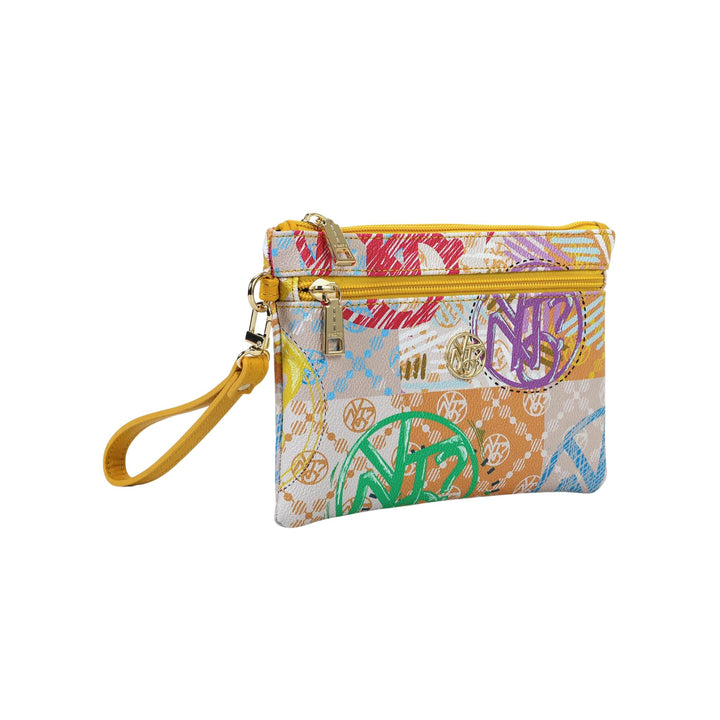 Pochette Donna con stampa multicolore, cerniera e laccetto da polso