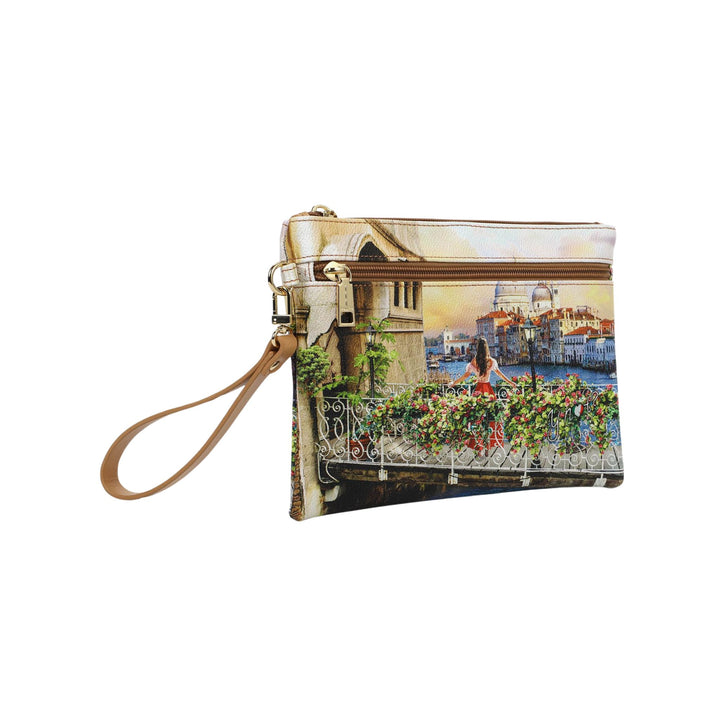 Pochette Donna con chiusura zip, iconica stampa e laccetto da polso