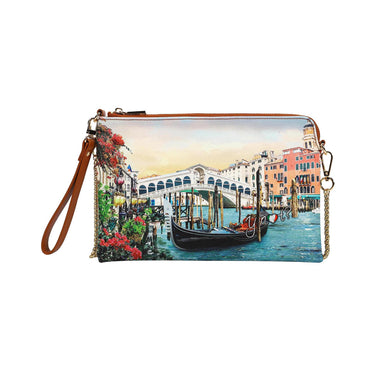 Clutch con stampa Canaletto e tracolla a catena