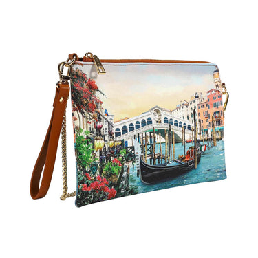 Clutch con stampa Canaletto e tracolla a catena