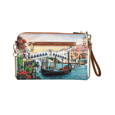 Clutch con stampa Canaletto e tracolla a catena