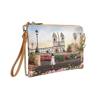 Clutch con stampa Floral all over e tracolla a catena