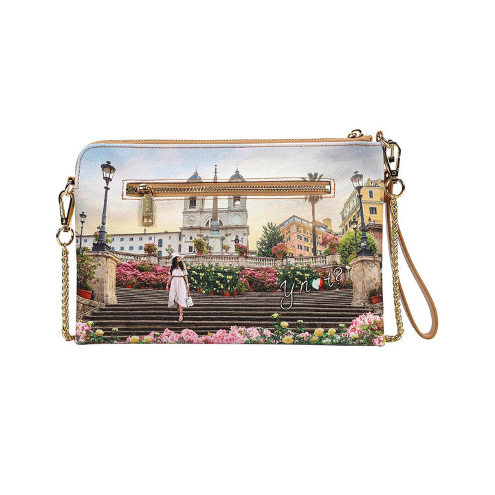 Clutch con stampa Floral all over e tracolla a catena