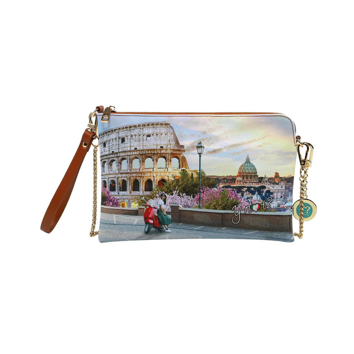 Clutch con stampa Italian Love e tracolla in catena 