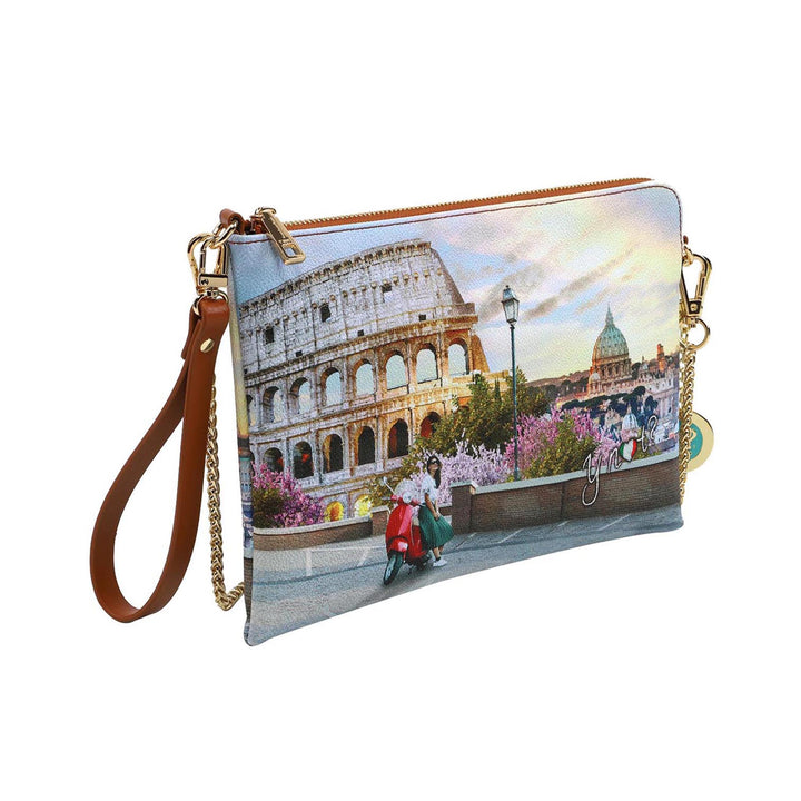 Clutch con stampa Italian Love e tracolla in catena