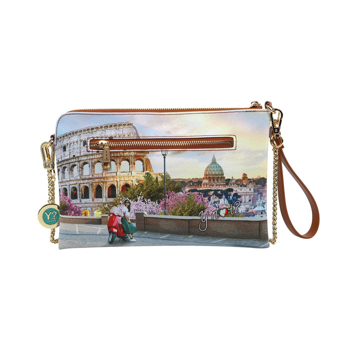 Clutch con stampa Italian Love e tracolla in catena