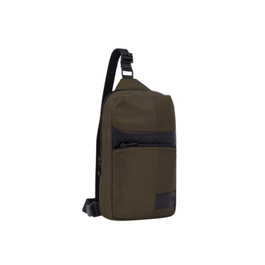 Men's one-shoulder backpack in green fabric and leather